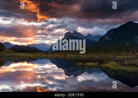 Sunrise at Vermillion Lakes with Mount Rundle in autumn, Banff National Park, UNESCO, Alberta, Canadian Rockies, Canada, North America Stock Photo