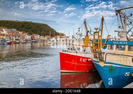 View of old harbour below Castle Hill, Scarborough, North Yorkshire, Yorkshire, England, United Kingdom, Europe Stock Photo