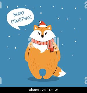 Greeting Christmas card, fox with dialog speech bubble. New year red fox in Santa Claus hat. Hand drawn funny cartoon christmas character. Happy New year, merry Christmas. Animal vector Stock Vector