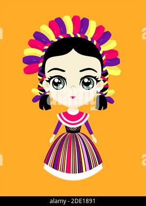 illustration of cute mexican doll in traditional otomi dress from Queretaro, Mexico. Isolated on orange background Stock Vector