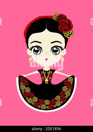 illustration of cute mexican doll in traditional national dress from Oaxaca, Mexico. Isolated on pink background Stock Vector