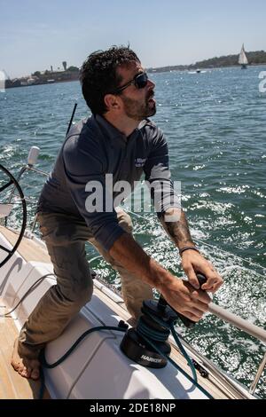 Sydney, Australia. 27th Nov, 2020. Jean-Charles Ledun takes a training sail ahead of Sydney Hobart Yacht Race in Sydney, Australia, on Nov. 27, 2020. Australia's 76th Sydney Hobart Yacht Race will go ahead in 2020, albeit with an almost entirely domestic fleet, race officials formally announced on Wednesday, ahead of the iconic December 26 start. Credit: Zhu Hongye/Xinhua/Alamy Live News Stock Photo