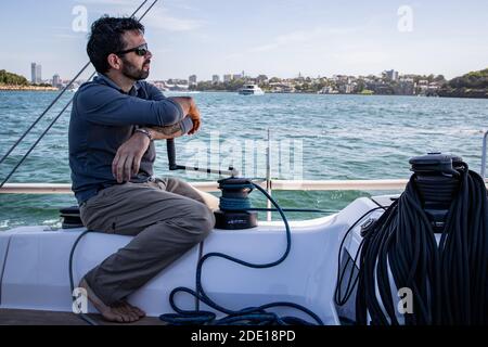 Sydney, Australia. 27th Nov, 2020. Jean-Charles Ledun takes a training sail ahead of Sydney Hobart Yacht Race in Sydney, Australia, on Nov. 27, 2020. Australia's 76th Sydney Hobart Yacht Race will go ahead in 2020, albeit with an almost entirely domestic fleet, race officials formally announced on Wednesday, ahead of the iconic December 26 start. Credit: Zhu Hongye/Xinhua/Alamy Live News Stock Photo