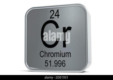 Chromium element symbol on metal block, 3D rendering Stock Photo