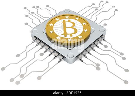 Computer chip and golden Bitcoin isolated, 3d rendering Stock Photo
