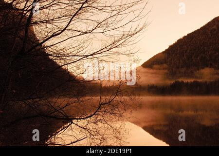 sunrise over the lake, vorderer langbathsee in upper austria Stock Photo