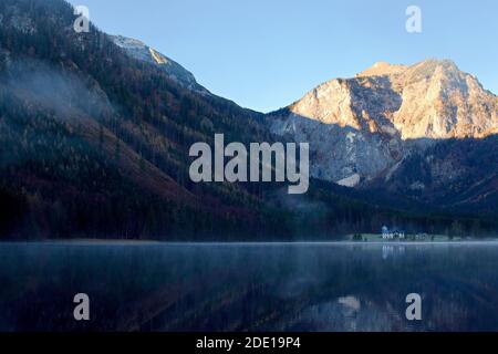 lake in the mountains, vorderer langbathsee in upper austria Stock Photo