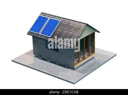 House model with separate solar panels isolated on white background Stock Photo