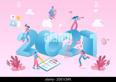 Happy new year 2021. 2021 business goals concept illustration.  Marketers doing social media marketing, seeking new opportunities, flying on rocket an Stock Vector