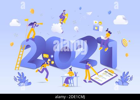 Happy new year 2021. 2021 business goals concept illustration.  Marketers doing social media marketing, seeking new opportunities, flying on rocket an Stock Vector