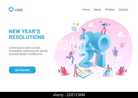 Happy new year 2021. 2021 business goals concept illustration.  Marketers doing social media marketing, seeking new opportunities, flying on rocket an Stock Vector