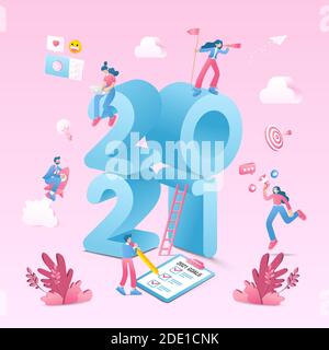 Happy new year 2021. 2021 business goals concept illustration.  Marketers doing social media marketing, seeking new opportunities, flying on rocket an Stock Vector