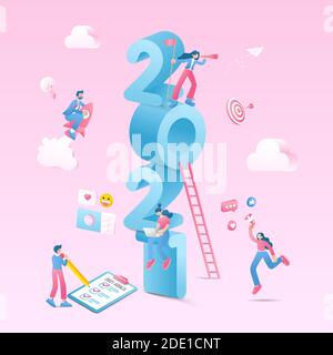 Happy new year 2021. 2021 business goals concept illustration.  Marketers doing social media marketing, seeking new opportunities, flying on rocket an Stock Vector