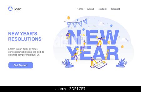 Happy new year 2021. 2021 business goals concept illustration.  Marketers doing social media marketing, seeking new opportunities, flying on rocket an Stock Vector