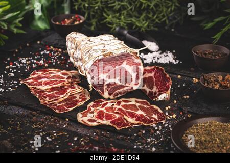 Still life of delicious organic homemade Italian meat coppa Stock Photo