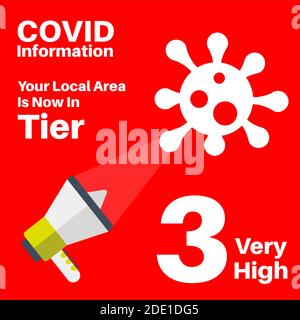 Covid-19 - Tier 3 Local Lockdown vector Illustration on a red background with megaphone and virus logo Stock Vector