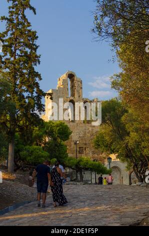 The exterior of the Odeon of Herodes Atticus underneath the Acropolis in Athens Greece Stock Photo