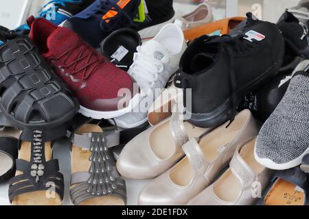 Boden, Sweden - August 25, 2020: Close-up view of shoes for sale. Stock Photo