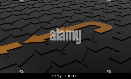 Golden arrow changing its direction. Concept of changing path. 3D rendered illustration. Stock Photo