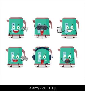 Digital kettle cartoon character are playing games with various cute emoticons. Vector illustration Stock Vector