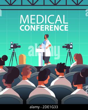 female doctor giving speech at tribune with microphone medical conference medicine healthcare concept lecture hall interior vertical vector illustration Stock Vector