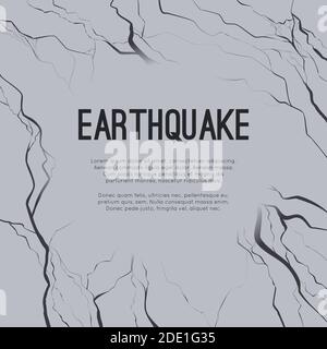 Vector square card with earthquake and space for text. Splits and cracks. Faults in the ground. Asphalt disaster. Modern cataclysm. Ravine and rocks. Stock Vector