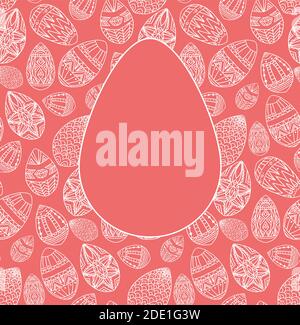 Festive square card with Easter doodle eggs with boho pattern and egg silhouette for text on pink background. Vector template for invitations, banners Stock Vector