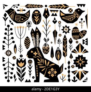 Festive Easter set with gold tribal ornaments. Geometric hare, egg, flower and various decorative elements separately background. Vector object for po Stock Vector