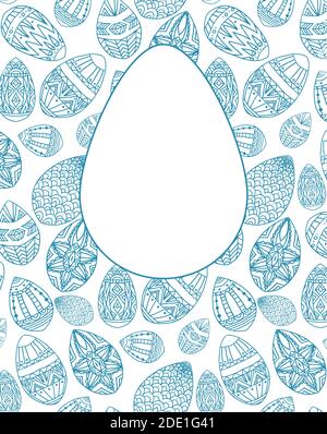 Festive vertical card with Easter doodle eggs with boho pattern and egg silhouette for text. Vector template for invitations, banners, cards and your Stock Vector