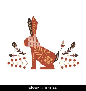 Festive square Easter card with rabbit, floral tribal decoration pattern on a white background. Vector boho greeting card for invitations, cards and y Stock Vector