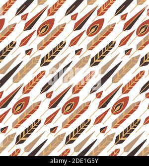Seamless tribal texture with diagonal boho feathers on a white background. Vectone flat texture for wallpapers, fabrics and your design. Stock Vector