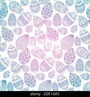 Seamless texture with festive doodle eggs with boho pattern and color gradient. Vector pattern for wallpaper, textile, backdrop and your design Stock Vector