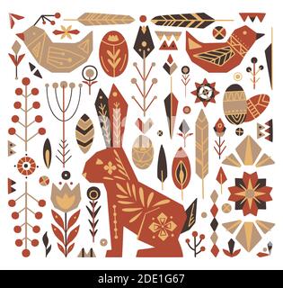 Festive Easter set with tribal ornaments. Geometric hare, egg, flower and various decorative elements separately background. Vector objects for postca Stock Vector