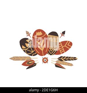 Festive square Easter card with eggs, feather, floral tribal decoration pattern on a white background. Vector boho greeting card for invitations, card Stock Vector