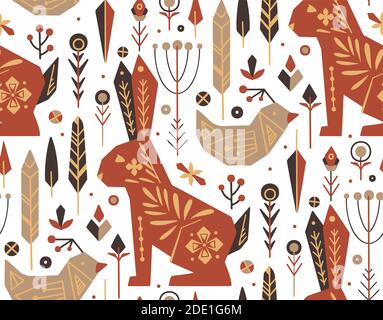 Seamless festive flat pattern. Rabbit, birds, feathers and boho ornaments on a white background. Easter vector texture for wallpapers, fabrics and you Stock Vector