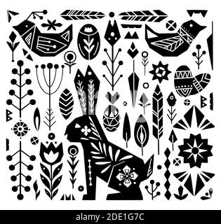Festive Easter set with white tribal ornaments. Geometric hare, egg, flower and various decorative elements separately background. Vector object for p Stock Vector