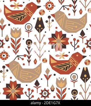 Seamless festive flat pattern.Birds, flowers with boho ornaments and dots on a white background. Easter vector texture for wallpapers, fabrics and you Stock Vector