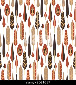 Seamless tribal texture with vertical boho feathers with native decorations in row on a white background. Vector flat texture for wallpapers, fabrics Stock Vector
