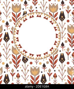 Vertical floral card with round frame and place for text. Tribal pattern on a white background. Tulips and branches with leaves. Vector native templat Stock Vector