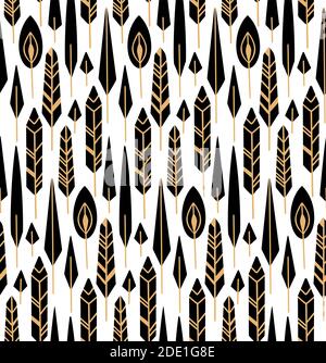 Seamless pattern with black silhouettes of feathers in a row and gold tribal pattern on a white background. Magical wild backdrop. Gypsy vector textur Stock Vector