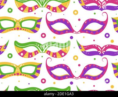 Seamless festive pattern with masks in row, dot on white background. Flat hand drawn holiday backdrop. Masquerade and parade. Vector texture on the Ma Stock Vector