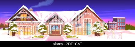 snow covered house yard in winter season home building with decorations for new year and christmas celebration horizontal vector illustration Stock Vector