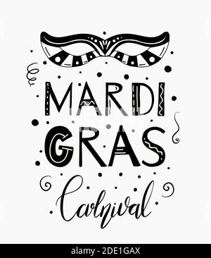 Black and white vertical poster with masquerade mask, confetti and brush lettering. Mardi Gras celebration. Fat Tuesday. Decoration for carnival. Vect Stock Vector