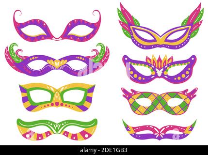 Set of Mardi Gras carnival masks with various decorations. Flat hand drawn holiday object. Festival dressing for the face. Vector object separate from Stock Vector