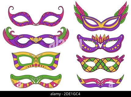 Set of outline colorful carnival masks with various decorations. Flat line art holiday object. Festival dressing for the face. Vector object separate Stock Vector