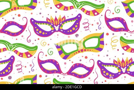 Seamless festive pattern with masks, confetti, ribbon on white background. Flat hand drawn holiday backdrop. Vector texture on the Mardi Gras holiday Stock Vector