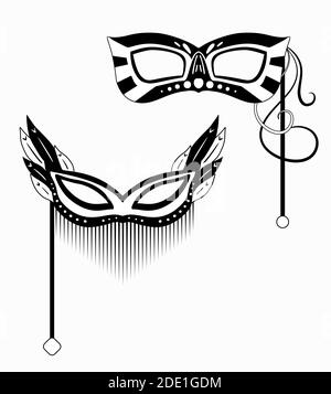 Set of black silhouette Mardi Gras carnival masks with various decorations on stick. Contour holiday object. Festival dressing for the face. Vector ob Stock Vector