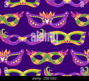 Seamless festive pattern with masks on violet background. Flat hand drawn holiday backdrop. Vector texture on the Mardi Gras holiday for your creativi Stock Vector
