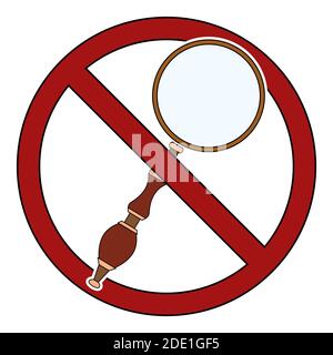 Magnifier in the prohibition sign. Ban on research. Sanction on the search for things and knowledge. Vector element for logos, icons, infographics and Stock Vector