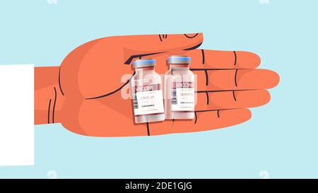 hand holding bottles vials of covid-19 vaccine injection vaccination immunization anti coronavirus disease medical concept horizontal vector illustration Stock Vector